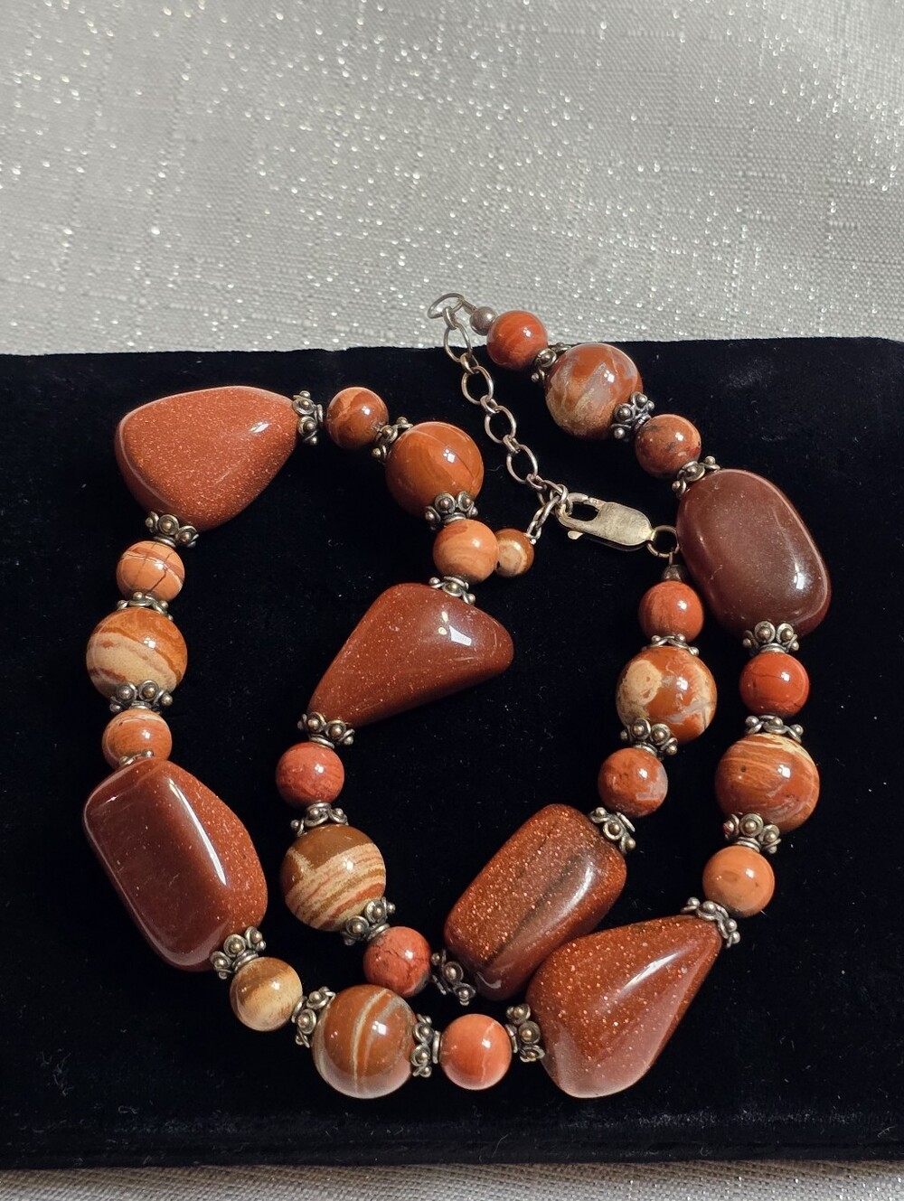 Red Goldstone and Banded Jasper Beaded Necklace With 925 Stamped Clasp